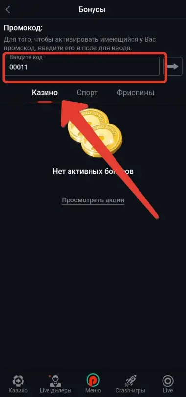 Activating a Pin-Up Casino Promo Code — Step 4. Enter Code 00011
